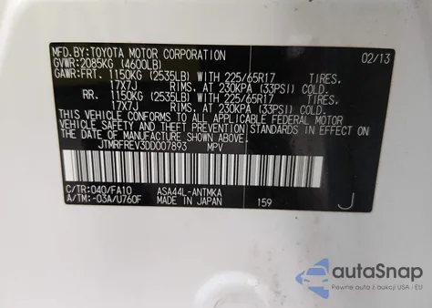 2013 Toyota Rav4 Xle from USA, damaged, VIN JTMRFREV3DD007893